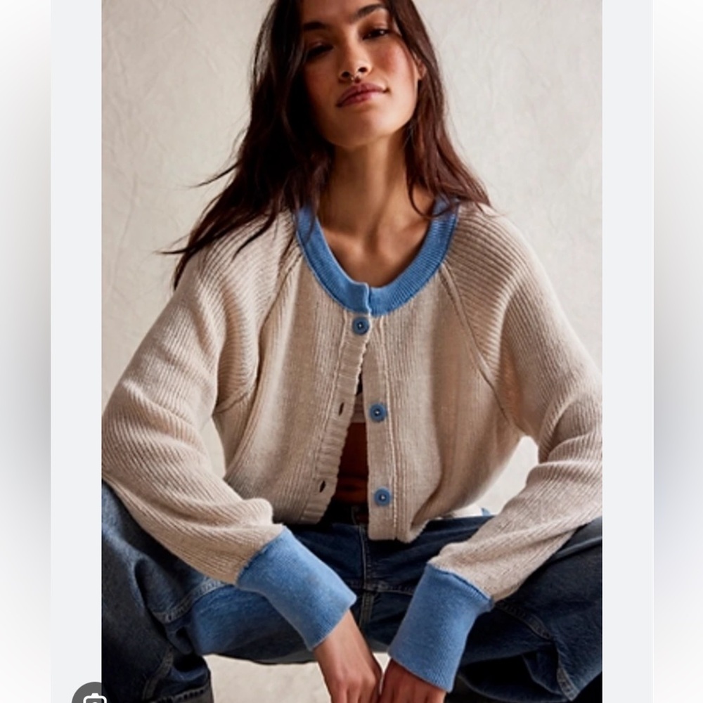 We the Free Lili linen Cardi Cream and blue size XL